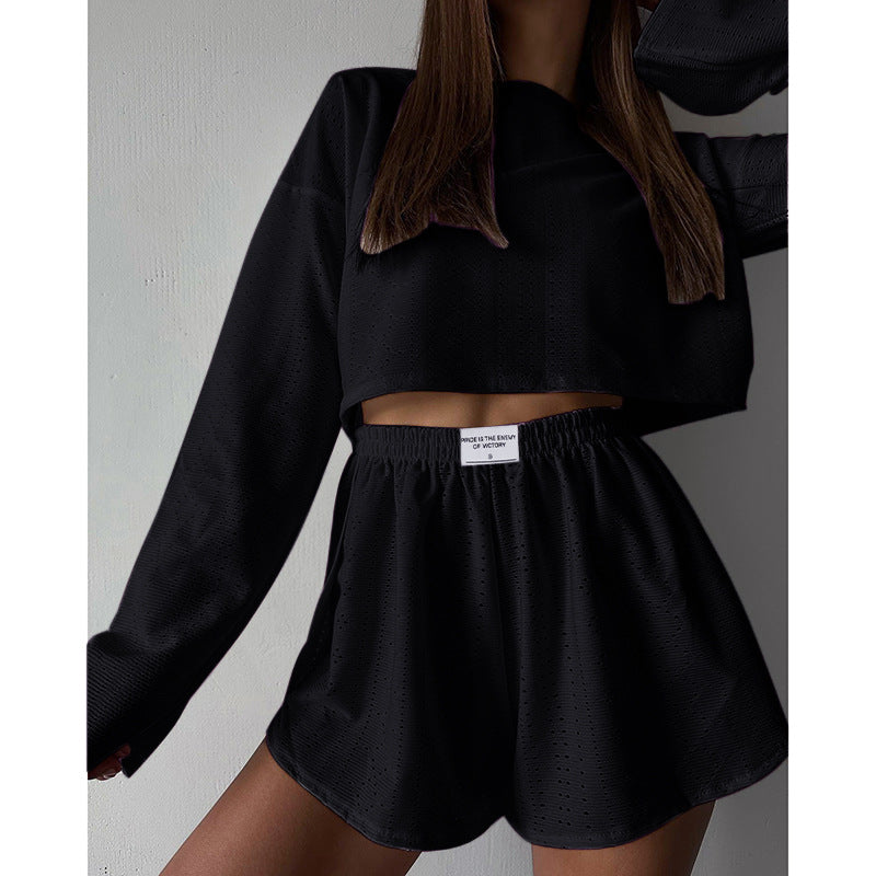2pcs Women's Suit Long Sleeve Pullover Top And Shorts Fashion Simple Slim Fit Loose Hollow-out Design Suits
