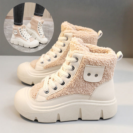 Lace-up High-top Flat Shoes For Women Winter Warm Cashmere Snow Boots Fashion Street Campus Students Height Increasing Shoes