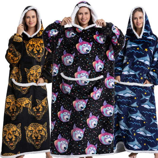 Animal Cartoon Extra Thick Lambswool Pajamas Hooded Lazy Blanket