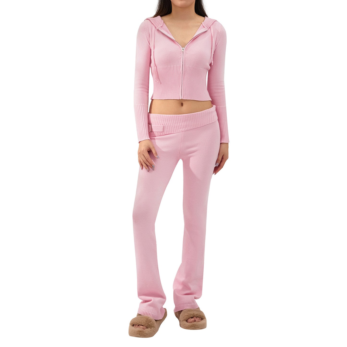 2pcs Knitted Hooded Suits Women's Long-sleeved Cardigan And High Waisted Trousers Clothing