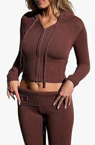 2pcs Knitted Hooded Suits Women's Long-sleeved Cardigan And High Waisted Trousers Clothing