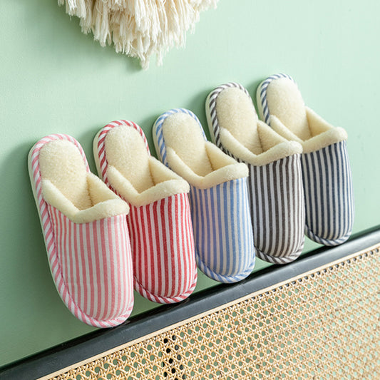 Fashion Striped Printed Slippers For Women Autumn And Winter Warm Non-slip Thick Sole House Shoes Men's Indoor Plush Shoes