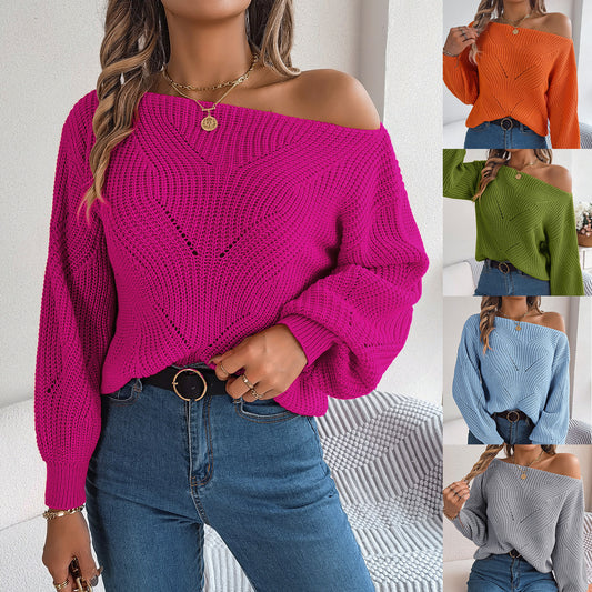 Casual Hollow-out Off-neck Off-the-shoulder Lantern Sleeve Sweater